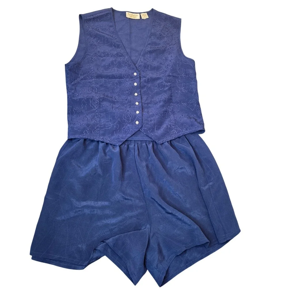 Victoria Secret Gold Label Navy Blue Sleeveless Pajamas‎ Set - Small Vintage